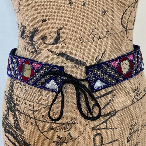 Vintage Beaded Waist Belt Handmade in India Boho Mirrored - Picture 1 of 14